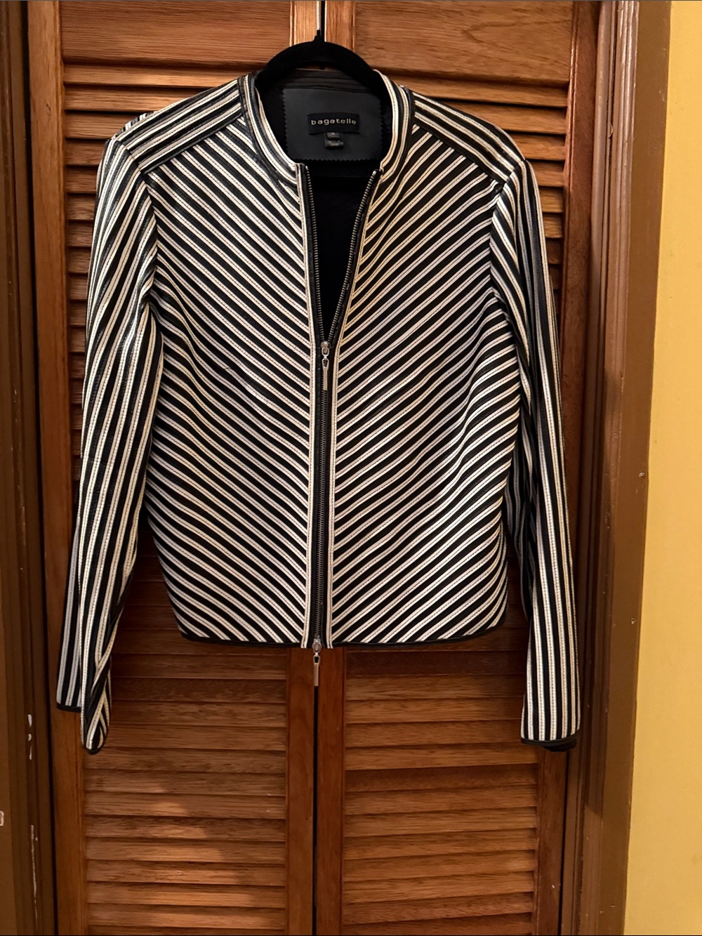 bagatelle Black & White Diagonal Stripe Zip 
Leather Jacket